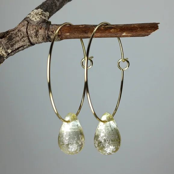 HAND CRAFTED Elegant Gold Hoop Earrings with Artisan Glass Drops - Picture 4 of 8